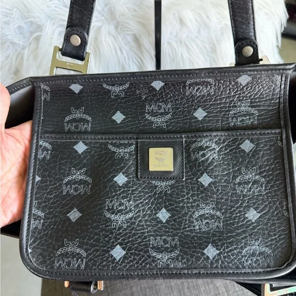 MCM Black Visetos Logo Tote